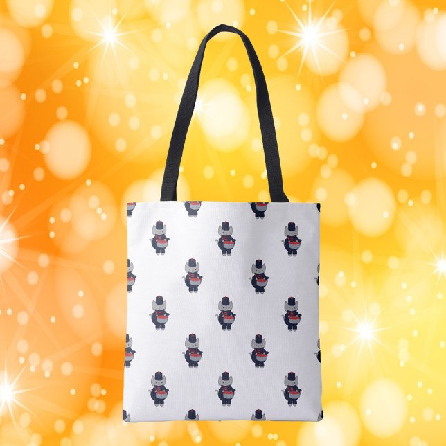 Marching Band Cat Drummer Navy Blue Red Tote Bag (A tote bag with a pattern of gray cats playing snare drums.)