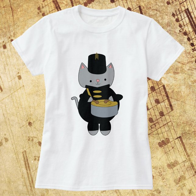 Marching Band Cat Snare Drum Black Gold T-Shirt (A fun tshirt featuring a cat playing the snare drum and wearing a black & gold marching band uniform)