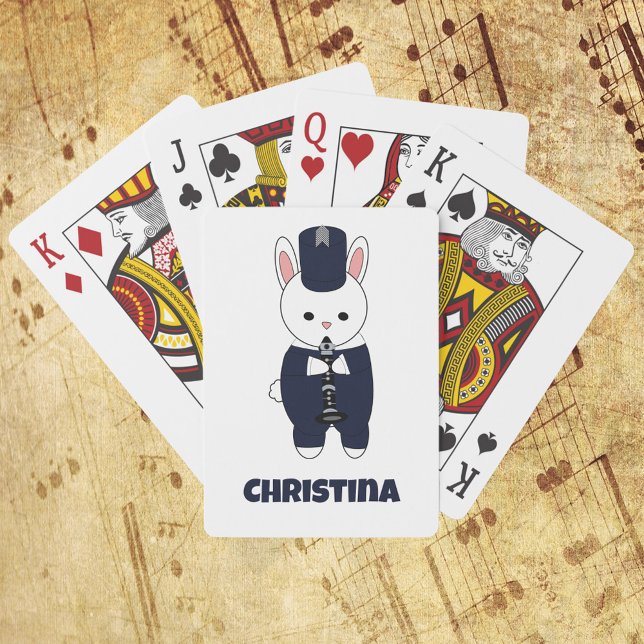 Marching Band Clarinet Rabbit Blue Personalise Playing Cards (Playing cards with a rabbit playing clarinet in a navy blue and white marching band uniform.)