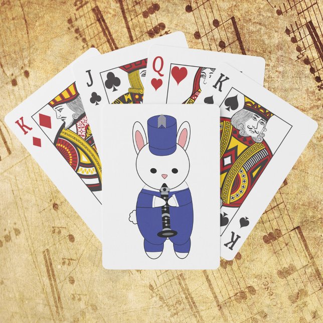 Marching Band Clarinet Rabbit Blue White Playing Cards (A deck of playing cards featuring a rabbit playing the clarinet in a blue & white marching uniform)