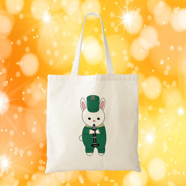 Marching Band Clarinet Rabbit Green Gold Tote Bag (A tote bag of a bunny playing the clarinet while wearing a green and white marching band uniform.)