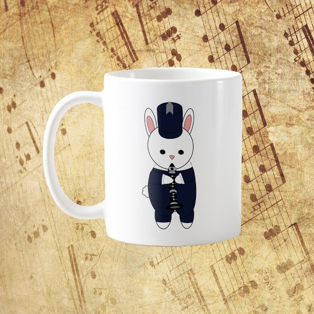 Marching Band Clarinet Rabbit Navy Blue White Coffee Mug (A mug featuring a rabbit playing the clarinet in a navy blue and white marching band uniform.)
