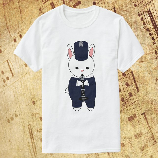 Marching Band Clarinet Rabbit Navy Blue White T-Shirt (A tshirt featuring a white rabbit playing the clarinet in a navy blue & white marching band uniform.)