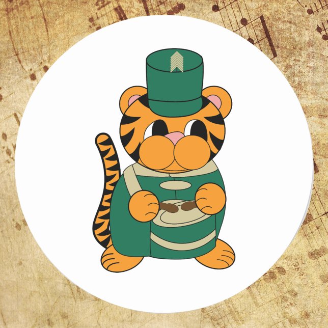 Marching Band Drum Tiger Green and Gold Classic Round Sticker (A sticker of a tiger wearing a green and gold marching band uniform while playing the drums)