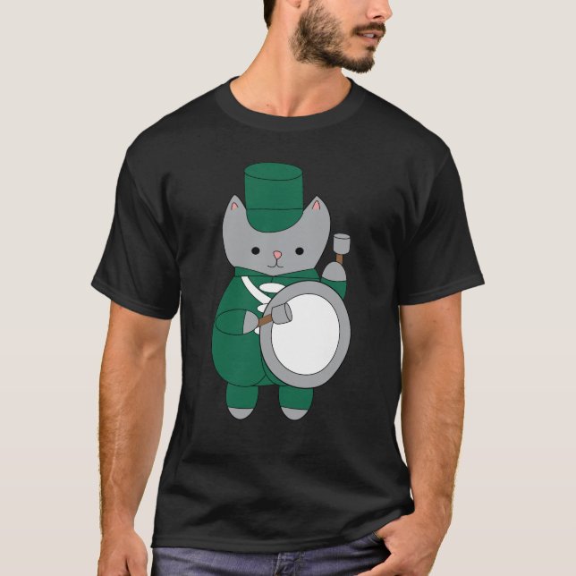 Marching Band Drummer Cat Animal Green White T-Shirt (Front)
