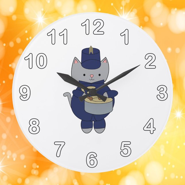 Marching Band Drummer Cat Navy Blue Gold Large Clock (A clock with a snare drum playing cat in a navy blue and gold marching band uniform.)