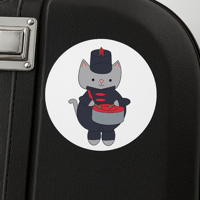 Marching Band Gray Cat Drum Navy Blue Red Classic Round Sticker (A sticker featuring a cat playing the drums in a navy blue and red marching band uniform.)