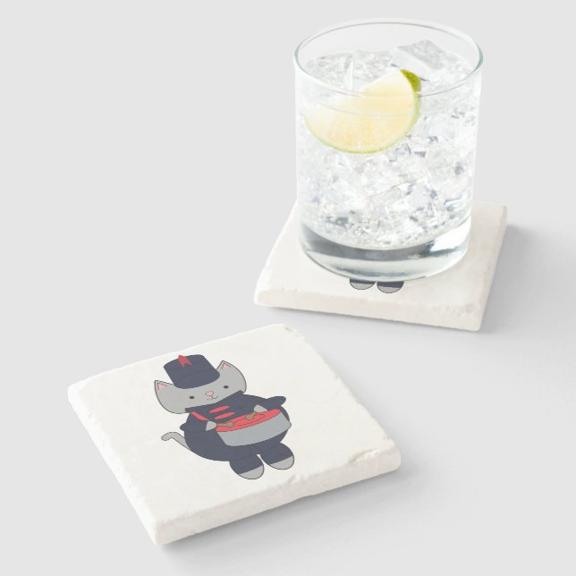 Marching Band Kawaii Cat Drum Navy Blue Red Stone Coaster (Side)