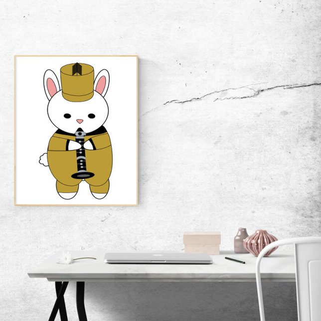 Marching Band Rabbit Clarinet Gold Yellow Black Poster (A poster of a rabbit playing the clarinet while wearing a gold yellow & black marching band uniform.)