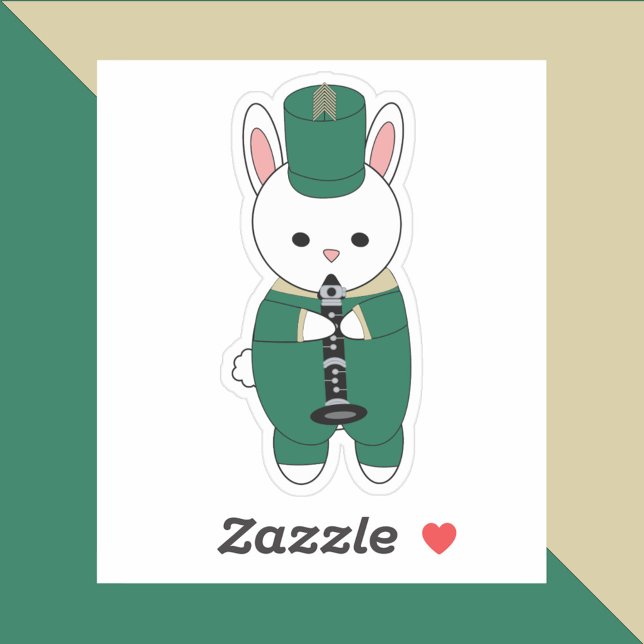 Marching Band Rabbit Clarinet Green Gold (A sticker of a white bunny playing the clarinet wearing a green & gold marching band uniform.)