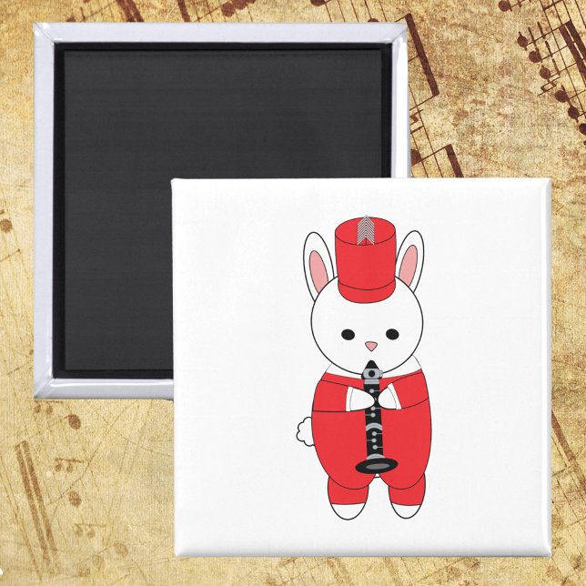 Marching Band Rabbit Clarinet Red White Magnet (A magnet with a bunny rabbit playing the clarinet wearing a red & white marching band uniform.)