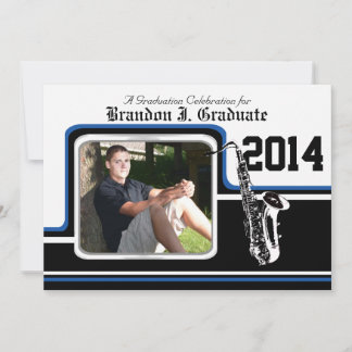 Marching Band Saxophone Graduation Photo Blue Invitation
