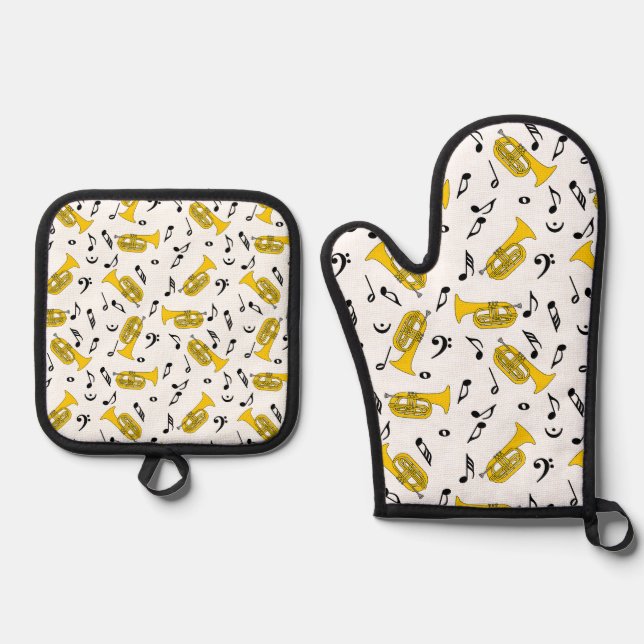 Marching Baritone Music Notes Bass Clefs Oven Mitt & Pot Holder Set (Front)
