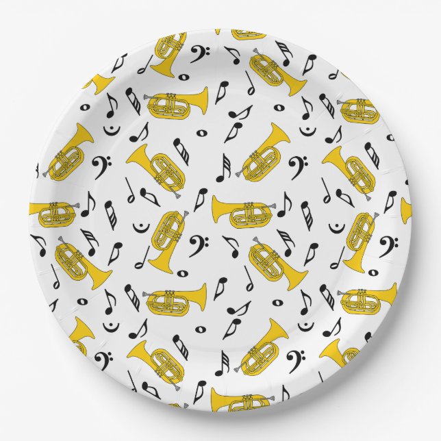 Marching Baritone Music Notes Bass Clefs Paper Plate (Front)