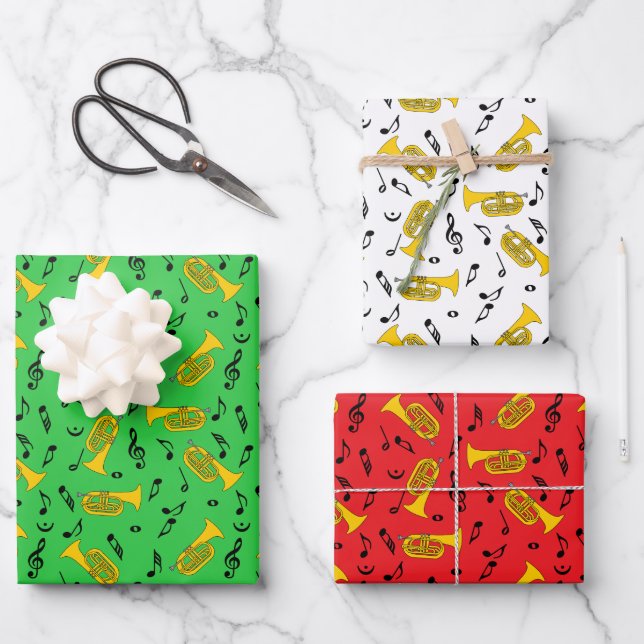 Marching Baritone Music Notes Treble Clefs Wrapping Paper Sheet (Front)