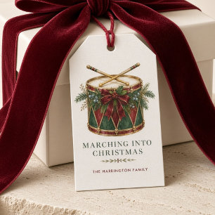 Marching Into Christmas Vintage Drum Burgundy Bow Gift Tags