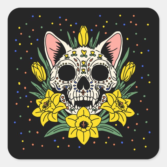 March's Daffodil & Cat Skull Square Sticker (Front)