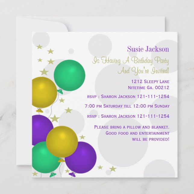 Mardi Gra Colour Balloons Party Invitations (Front)