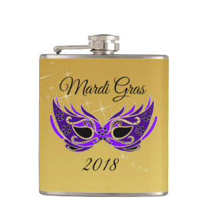 Mardi Gras 2018 Mask on Gold Hip Flask