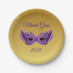 Mardi Gras 2018 Mask on Gold Paper Plate