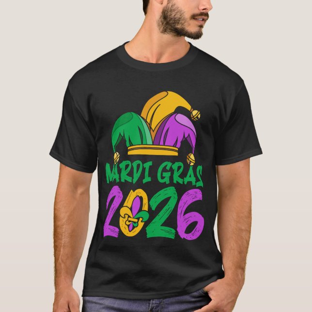 Mardi Gras 2026 Jester Hat Carnival Celebration T-Shirt (Front)