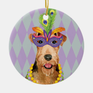 Mardi Gras Airedale Ceramic Ornament