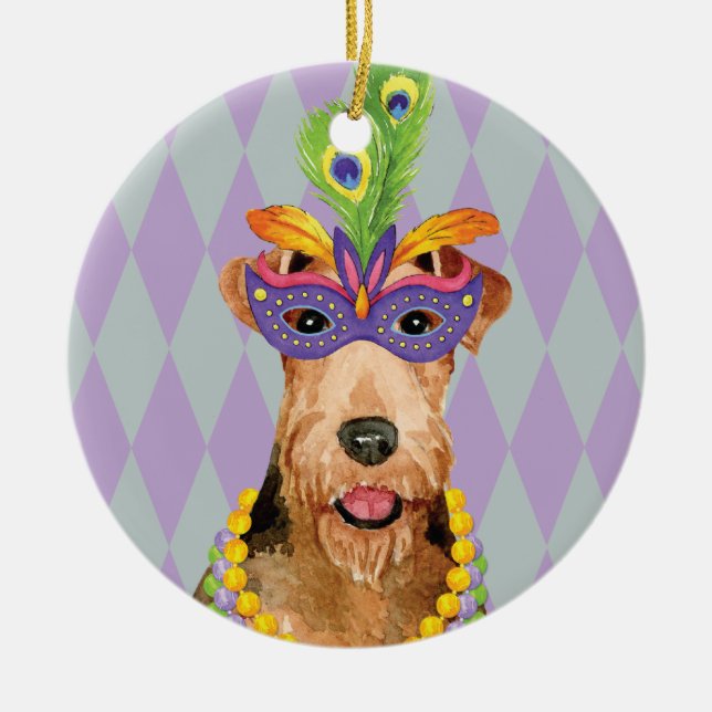 Mardi Gras Airedale Ceramic Ornament (Front)