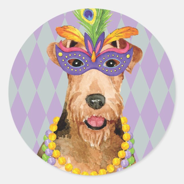 Mardi Gras Airedale Classic Round Sticker (Front)