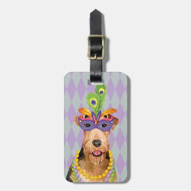 Mardi Gras Airedale Luggage Tag (Front Vertical)