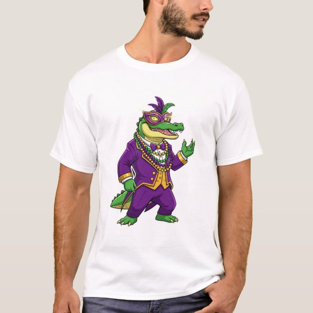 Mardi Gras Alligator King in Purple Suit and Mask  T-Shirt (Front)