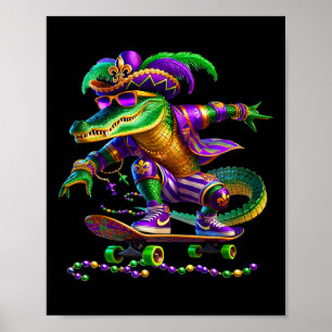 Mardi Gras Alligator Skateboarding Kids Men Skate  Poster