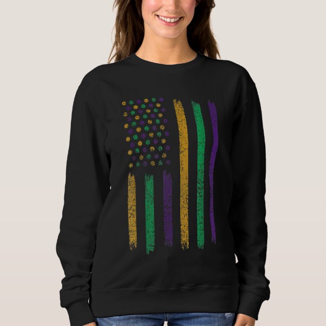 Mardi Gras American Flag Purple Yellow Green Mardi Sweatshirt (Front)