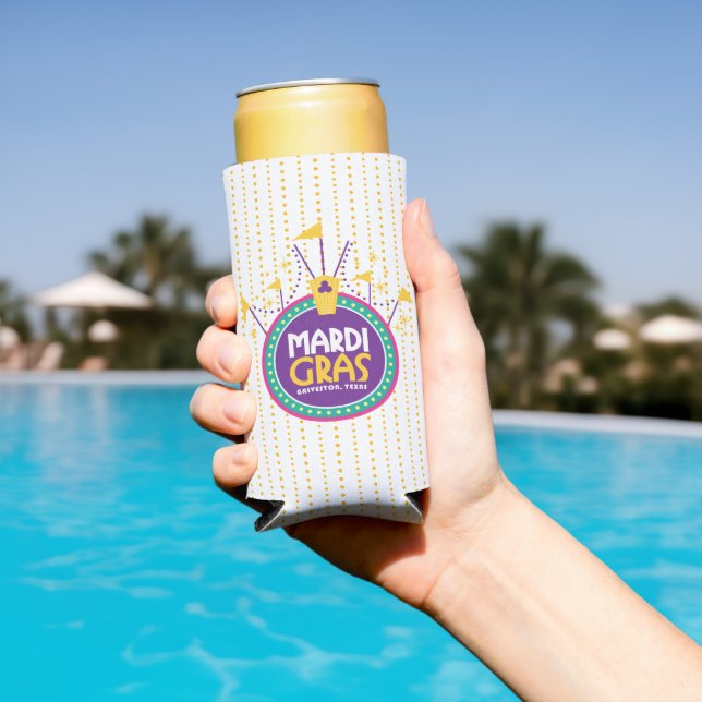 Mardi Gras Arch inpired dots, Galveston, Texas Seltzer Can Cooler (In Situ Pool)