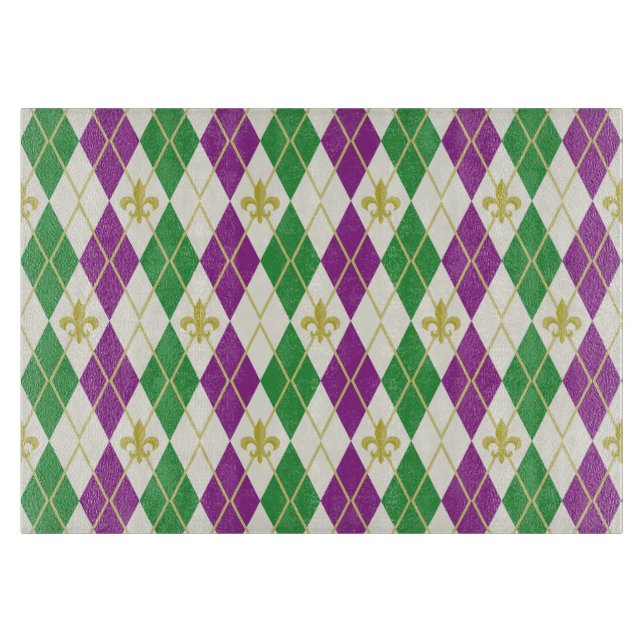Mardi Gras Argyle Glass Cutting Board (Front)