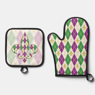 Mardi Gras Argyle Oven Mitt & Pot Holder Set