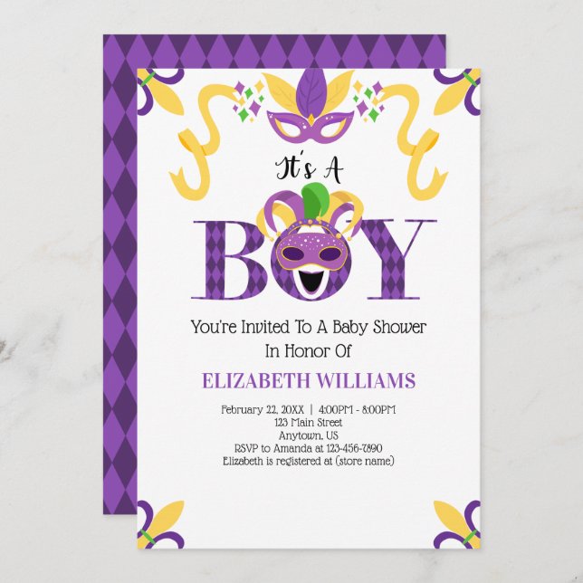Mardi Gras Baby Shower It's A Boy Invitation (Front/Back)