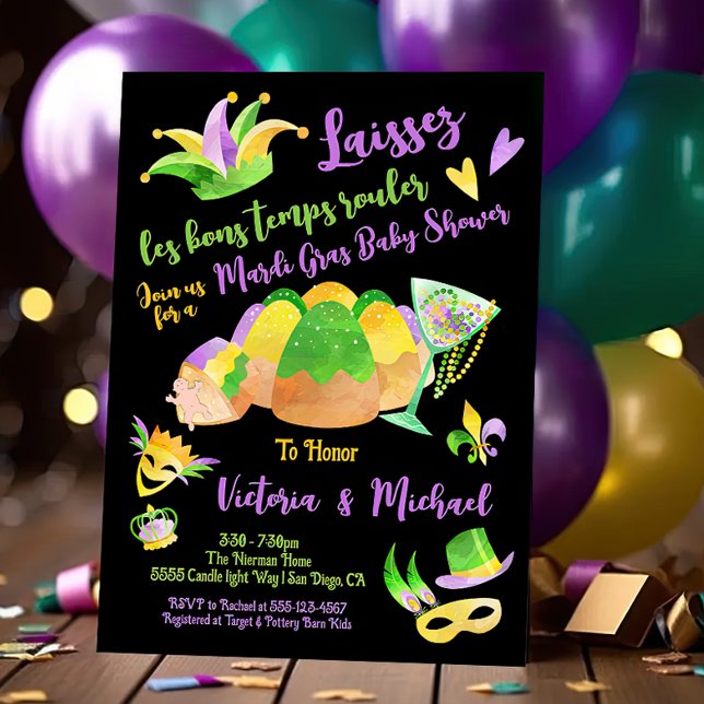 Mardi Gras Baby Shower watercolor King Cake Invitation (Creator Uploaded)