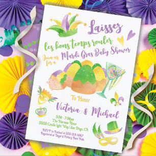Mardi Gras Baby Shower watercolor King Cake Invitation