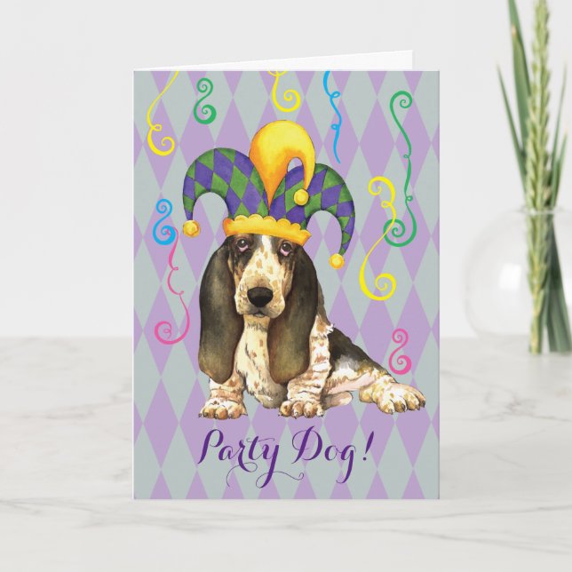 Mardi Gras Basset Hound Card (Front)