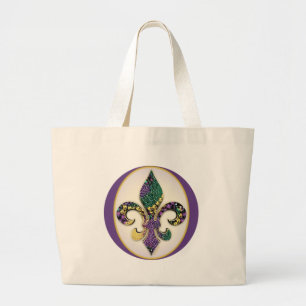 Mardi Gras Bead Fleur de lis Large Tote Bag
