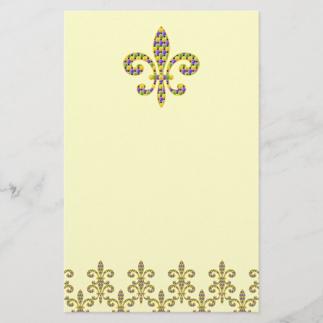 Mardi Gras bead Fleur de lis Stationery (Front)