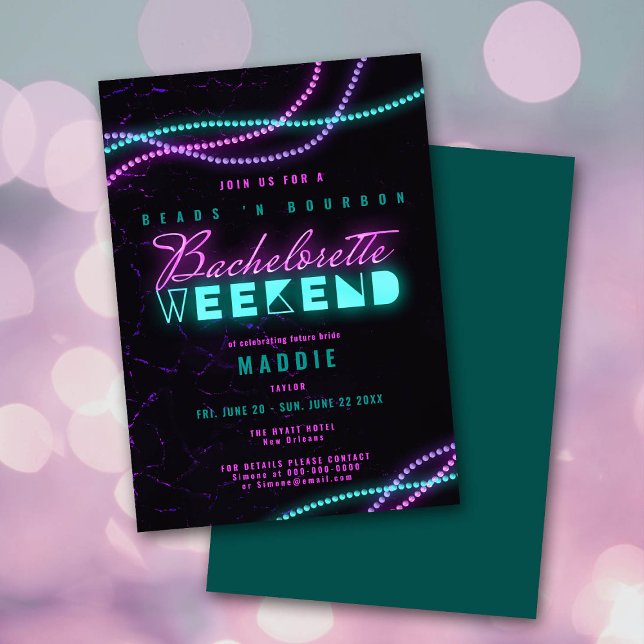 Mardi Gras Beads Bourbon Neon Bachelorette Weekend Invitation (Creator Uploaded)