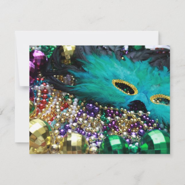 Mardi Gras Beads & Feather Mask Invitation (Front)