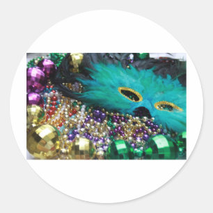 Mardi Gras Beads & Green Feather Mask Classic Round Sticker