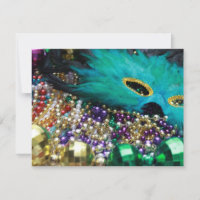 Mardi Gras Beads & Green Feather Mask Invitation