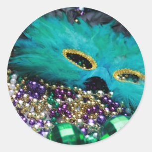 Mardi Gras Beads & Green Feather Mask Stickers