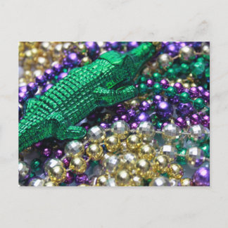 Mardi Gras Beads & Green Gator Postcard