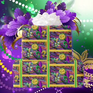 Mardi Gras Beads Mask Fleur de Lis Wrapping Paper