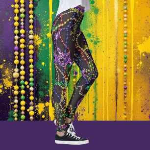 Mardi Gras Beads Masks Leggings Comfortable Pants