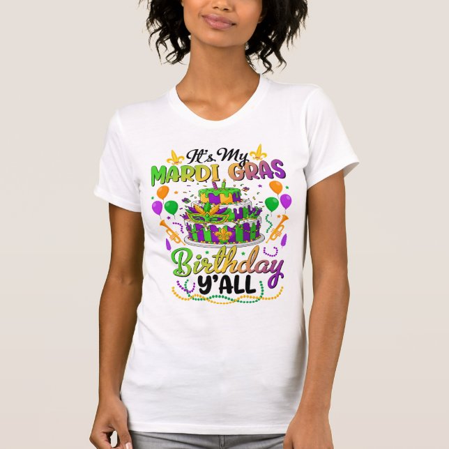 Mardi Gras Birthday Cake Masquerade Party T-Shirt (Front)